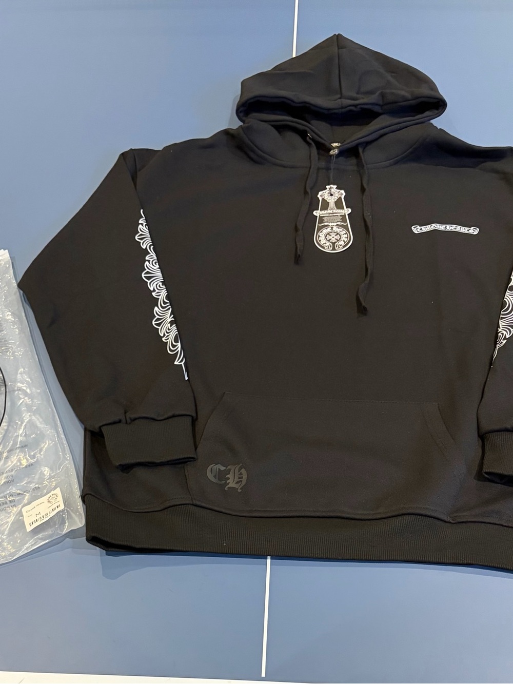 Chrome Hearts Black Hoodie with White Graphic Sleeves